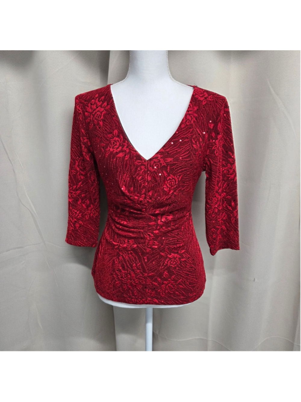 Connected Apparel Red V-Neck Blouse Size S Vintage-Glam Vampy Whimsigoth
